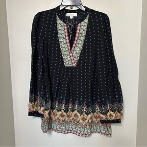 Suzanne Betro Weekend Long Sleeve Tunic Career Top Small Tie Neck Multicolor